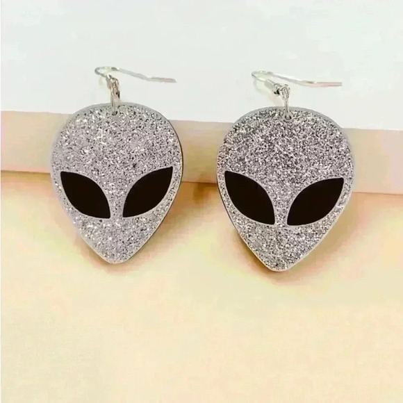 Holographic Glitter Alien Earrings, Weirdcore Retro Space Party Festival Jewelry - Picture 3 of 11
